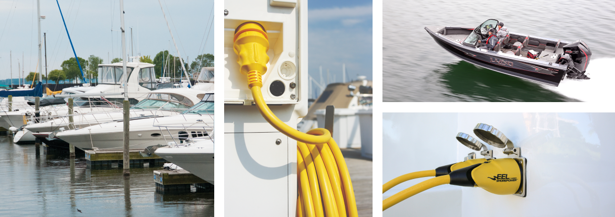 A line of docked sailboats at a marina. Shore power cord plugged in at a dock. Two men driving an aluminum fishing boat equipped with Marinco® products. Shore power cords plugged into a marine® vehicle.