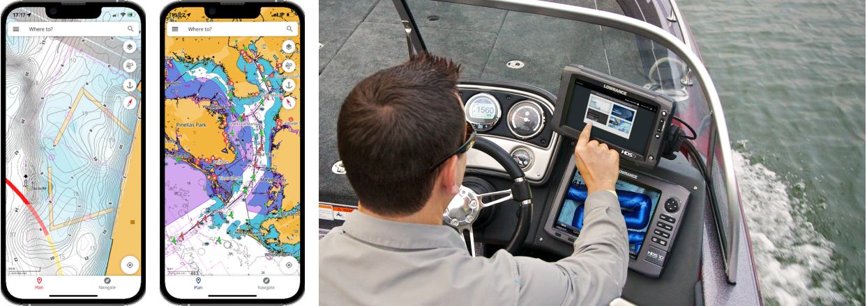 A smartphone showing a C-MAP®  map. A smartphone showing a C-MAP® chart plot. A man driving a boat using the C-MAP® app on a Lowrance fish finder.